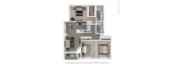A floor plan of a house with a kitchen, living room, and two bedrooms.
