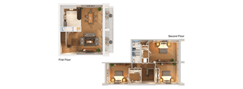 A floor plan of a two-story home with a living room, kitchen, and bedrooms.