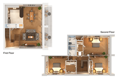 A floor plan of a two-story home with a living room, kitchen, and bedrooms.