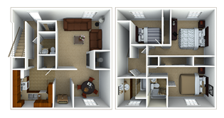 3 Bed - 2.5 Bath, 1587 sq. ft. 3 Bedroom Townhouse floorplan