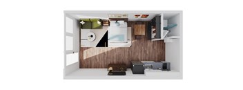 a floor plan of a studio apartment with a kitchen and living room