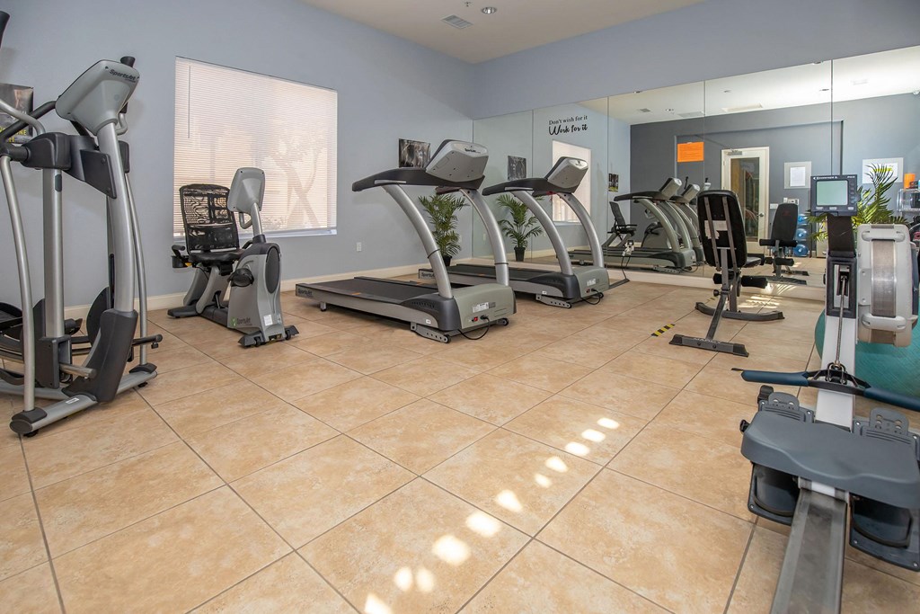 Apartments Near La Sierra University- LuxLiv- Fitness Center with Treadmills, Tile Floor, and Cardio Equipment