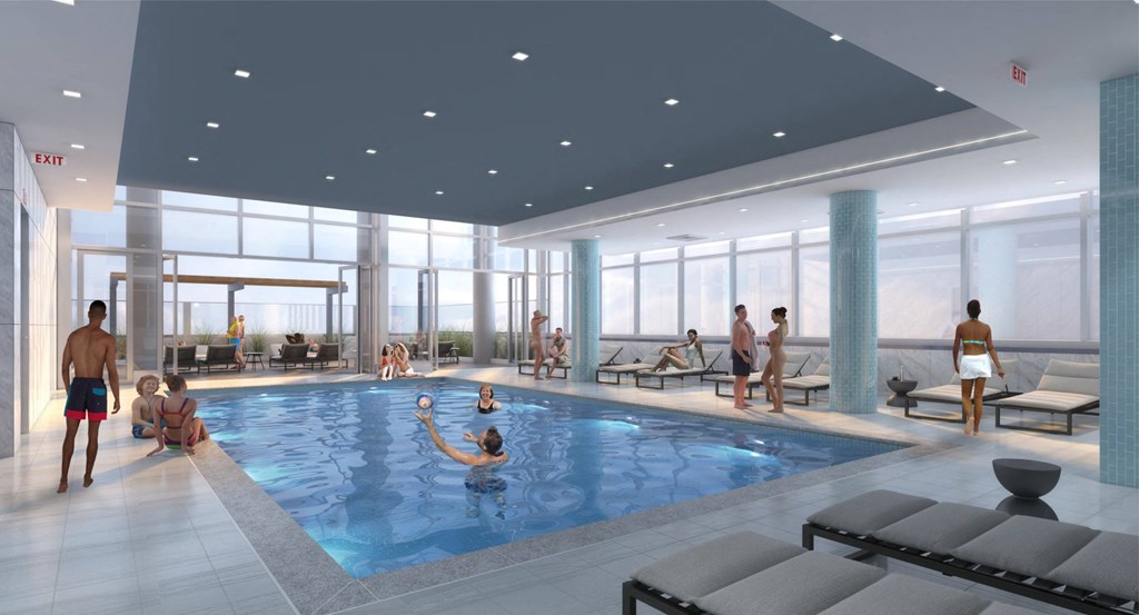a rendering of a swimming pool in a hotel with people in it