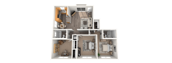 A 3D floor plan of a house with multiple rooms and furniture.