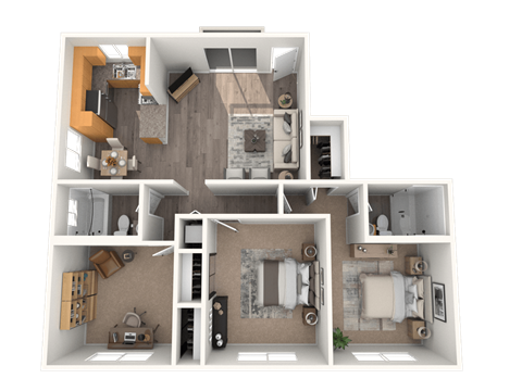 A 3D floor plan of a house with multiple rooms and furniture.