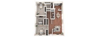 A 3D floor plan of a small apartment with two bedrooms and a living area.