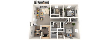 Tampa, FL Apartments – The Commons - 3D floorplan of our 3 bedroom 2 bathroom apartment