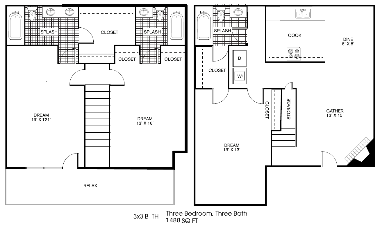 A black and white image of a floor plan for a 3x3 bedroom, three bathroom layout.