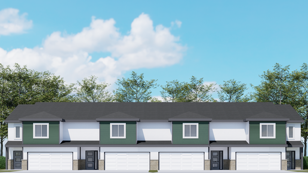 a rendering of a house with green and white facade and a gray roof