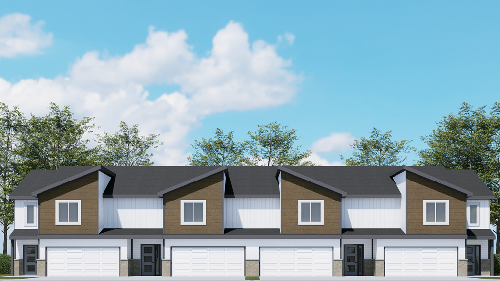 a rendering of a house with a roof and garage doors