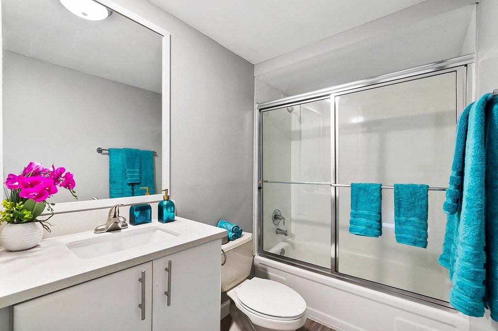 Wilton Tower apartments in Wilton Manors Florida photo of bathroom with sliding glass shower doors