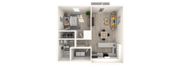 a 3d rendering of a floor plan with a bedroom and living room