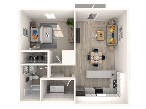 a 3d rendering of a floor plan with a bedroom and living room