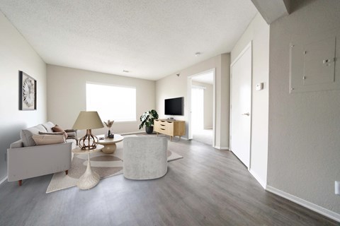 A living room with a white couch, a white coffee table, and a white rug.