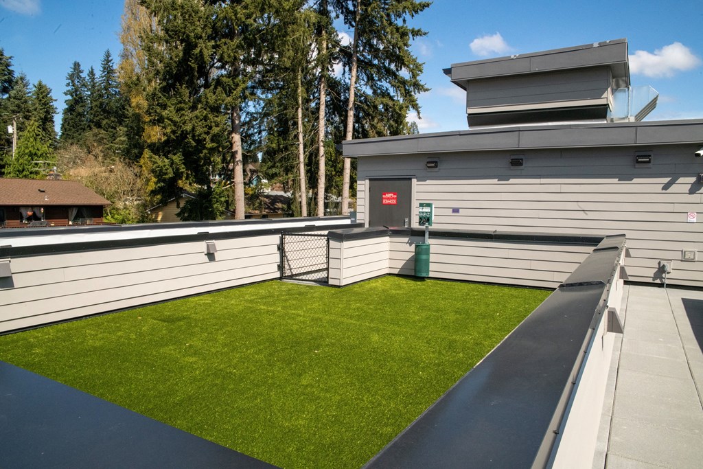 the roof of a house with a lawn and a tennis court