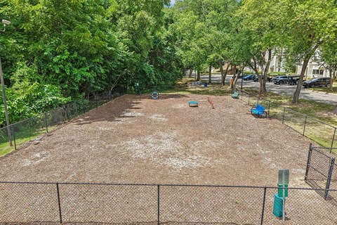 A tennis court surrounded by a fence and trees.