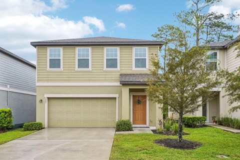 A beige house with a brown door and a tree in front.