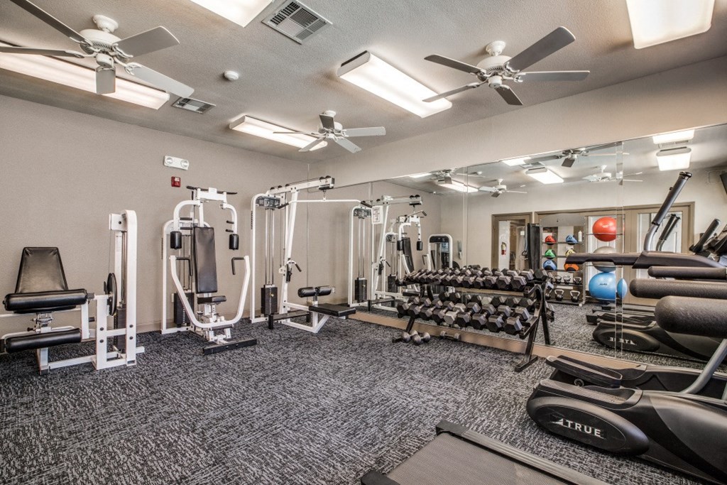 Apartments In Beaumont, TX for Rent – Breakwater Bay - gym with strength and cardio equipment with giant mirror