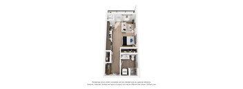 A 3D floor plan of a small apartment with a kitchen, living room, and bathroom.