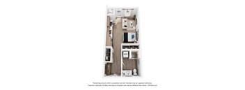A 3D floor plan of a small apartment with a kitchen, living room, and bathroom.