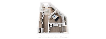 A 3D floor plan of a small apartment with a kitchen, living room, and bathroom.