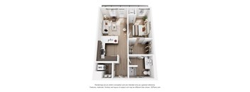 A 3D floor plan of a small apartment with a kitchen, living room, and bedroom.