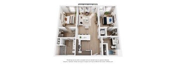 A 3D floor plan of a house with labeled rooms.