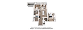 A floor plan of a small apartment with a kitchen, living room, and bathroom.