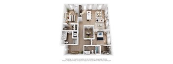 A 3D floor plan of a house with labeled rooms.