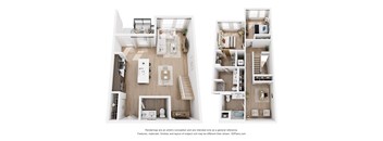 Two floor plans of a house with a kitchen, living room, bedrooms and bathrooms.