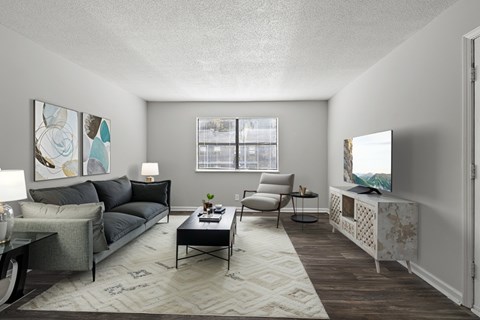 Element at 4411 Macon Apartments A living room with a grey couch, a coffee table, a television, and a window with blinds.