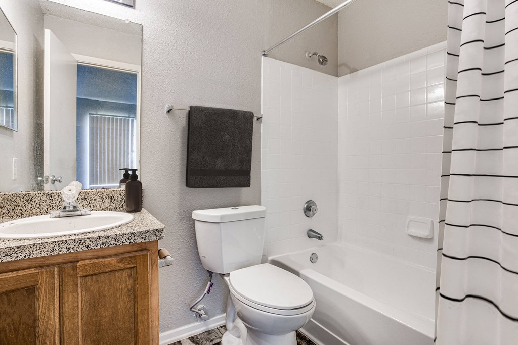 Modern bathroom featuring a tub and shower at Monarch Pass in Fort Worth, Texas, near South Fort Worth.
