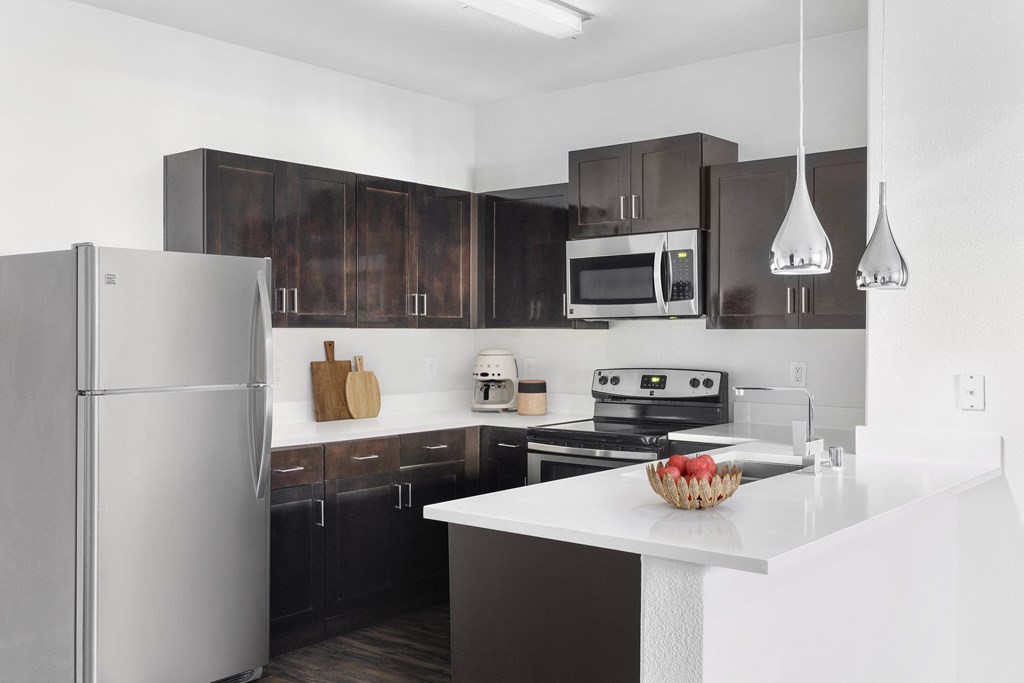 a kitchen with stainless steel appliances and dark wood cabinets