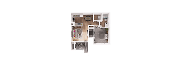 A top-down view of a house layout with a kitchen, living room, and bathroom.
