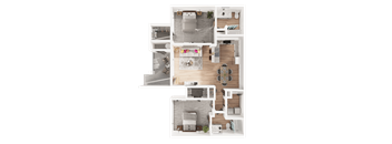 A top-down view of a modern apartment layout with a living room, kitchen, and bedroom.