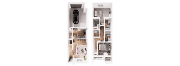 A top-down view of a car and a split-level floor plan of a house.