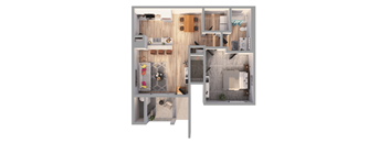A floor plan of a house with a kitchen, living room, and bathroom.