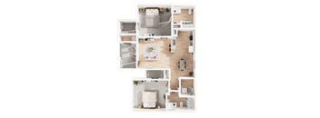 A top-down view of a house layout with a kitchen, living room, and bathroom.