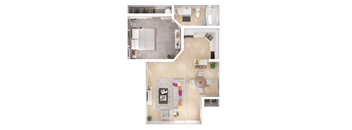 A top-down view of a small apartment with a living room, kitchen, and bathroom.