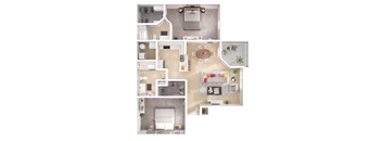 A floor plan of a house with a living room, kitchen, and two bedrooms.