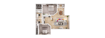 A floor plan of a house with a kitchen, living room, and bedrooms.