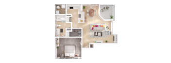 A top-down view of a small apartment with a bedroom, living room, and kitchen.