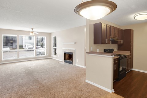 A living room with a fireplace and a kitchen area with a refrigerator and microwave.