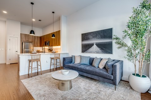 A modern living room with a grey sofa, a coffee table, and a large painting on the wall.
