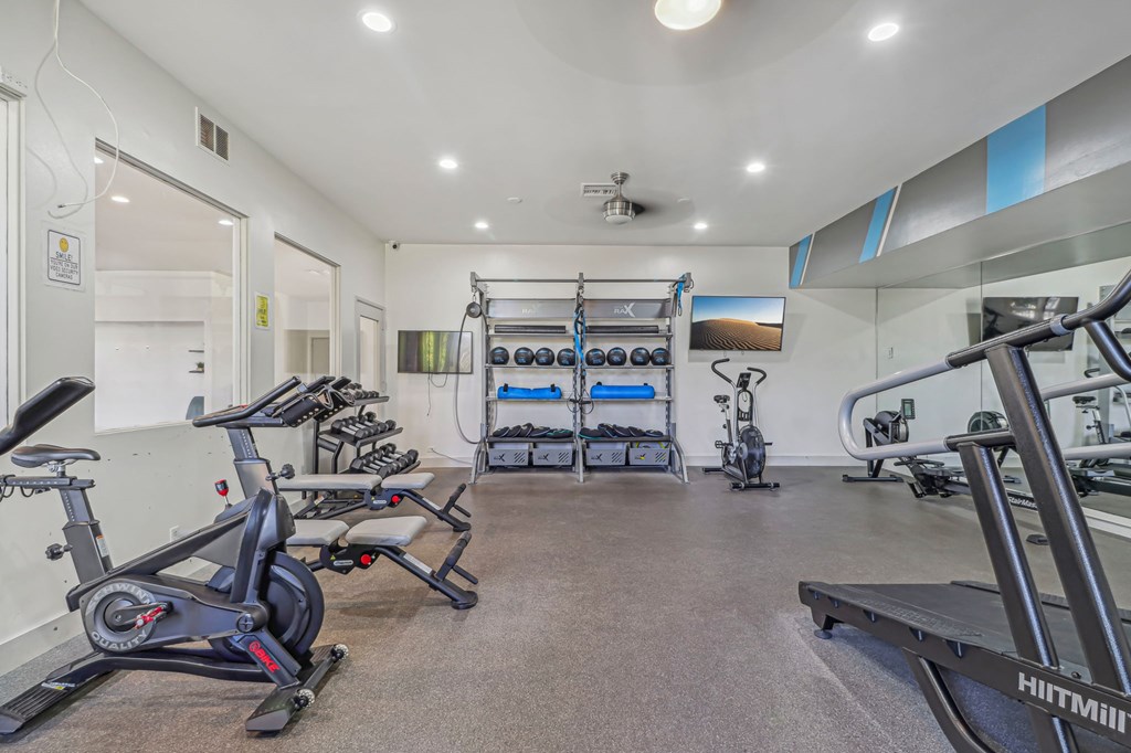 A well-equipped gym with a variety of exercise machines.
