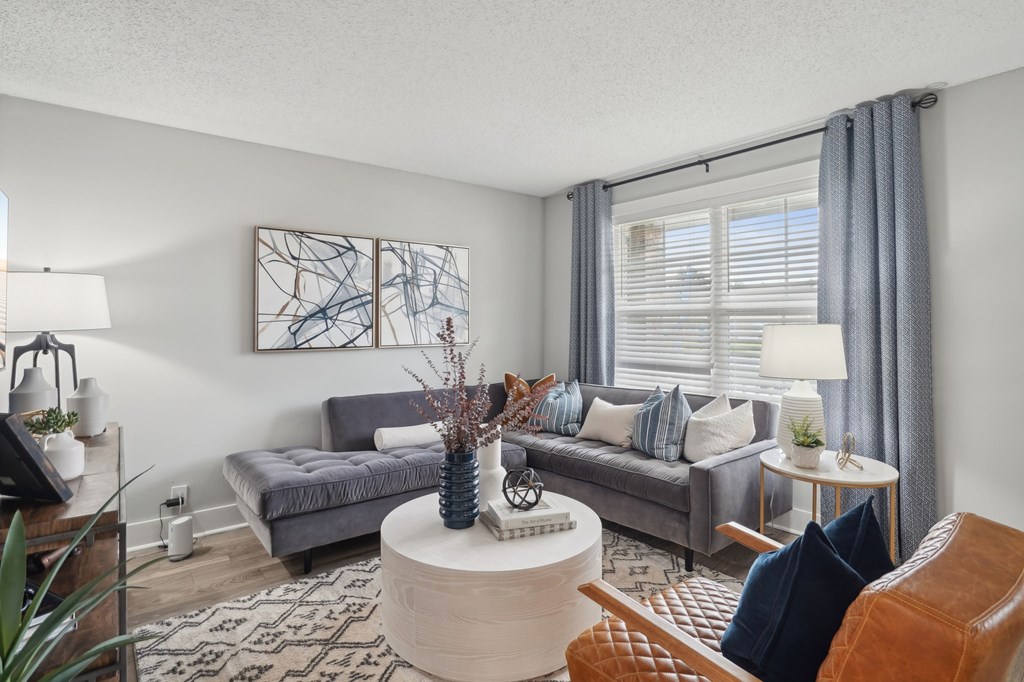 Modern living room with gray sectional sofa, round coffee table, and patterned rug.