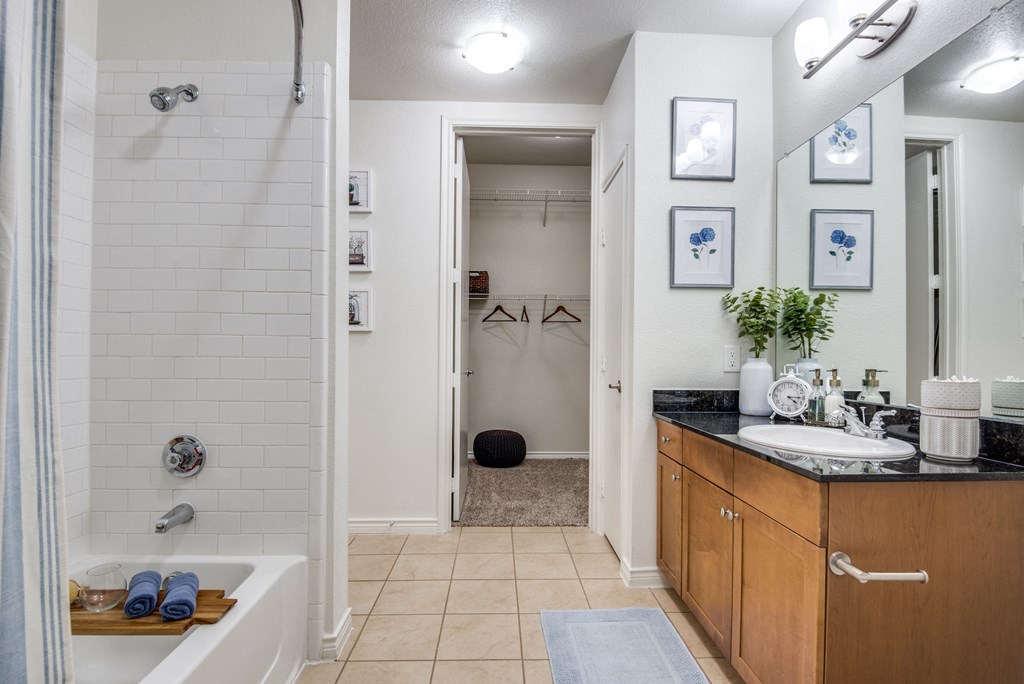a bathroom with a shower and a sink and a mirror