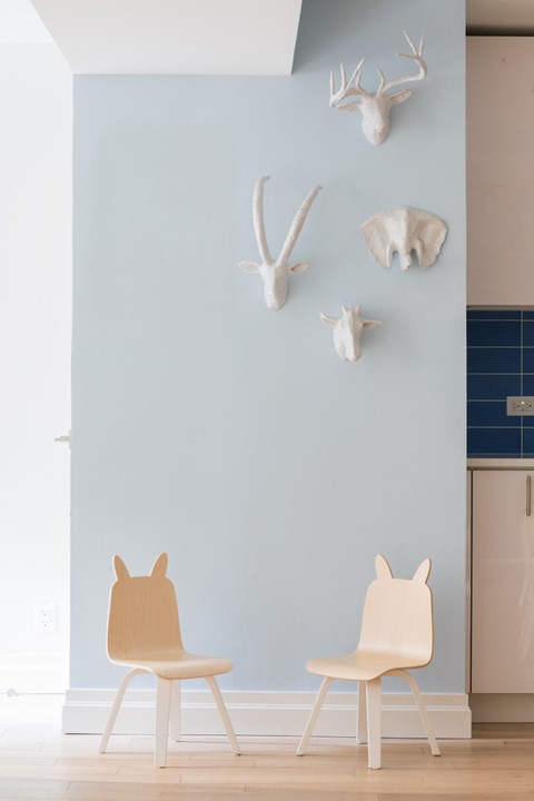 a room with two chairs and animal heads on the wall