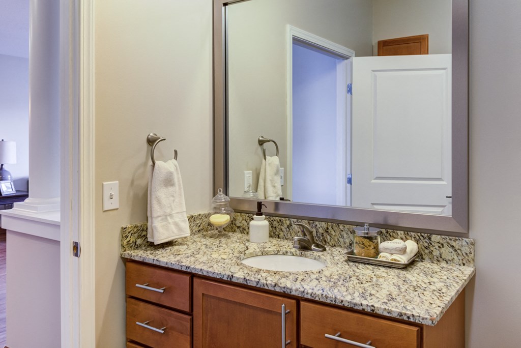 a bathroom with a granite counter top and a mirror