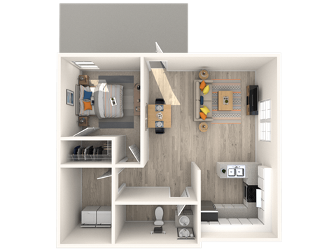 a 3d rendering of a bedroom with a bathroom and a closet